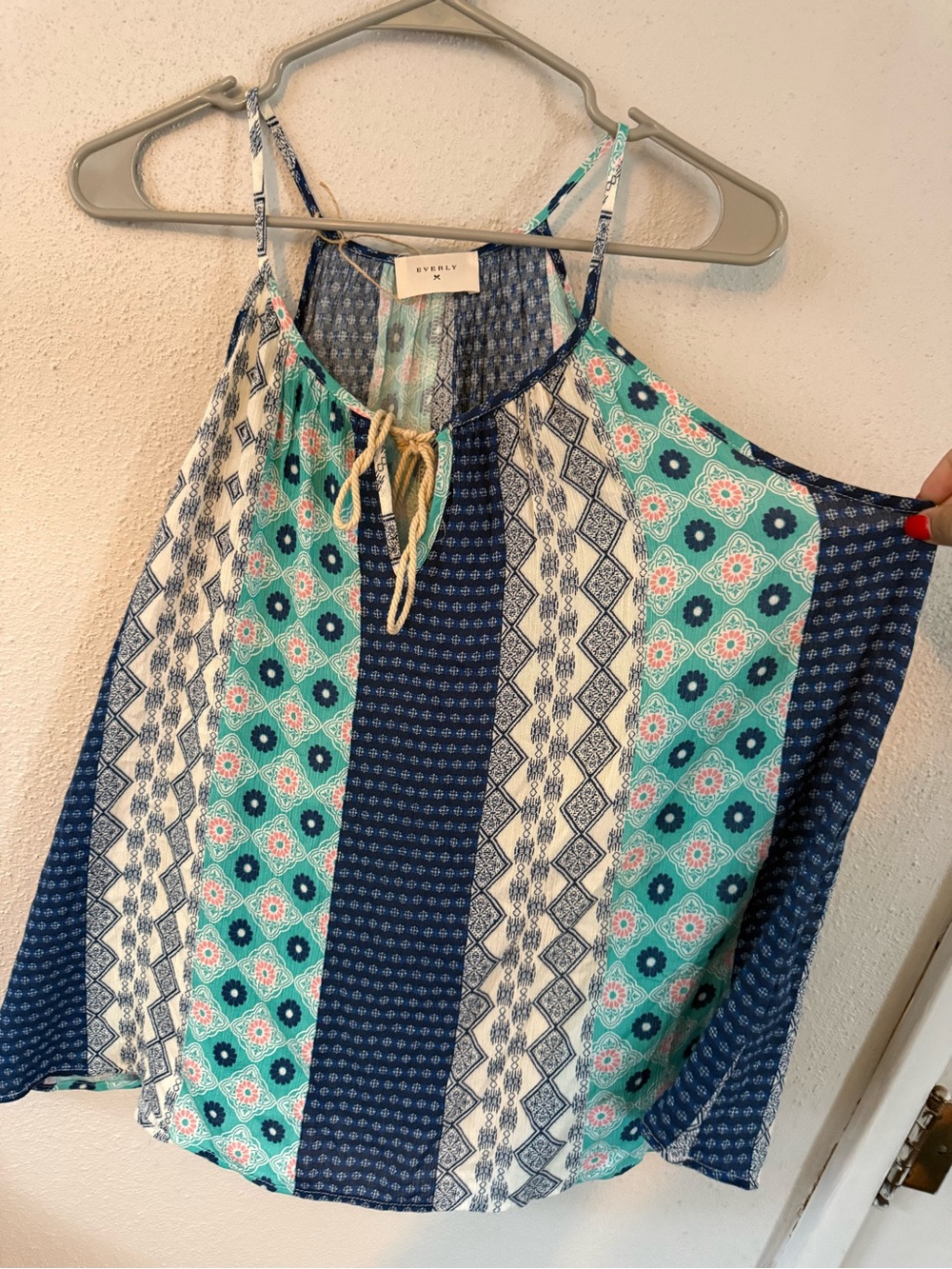 (S) Everly Mixed-Print Halter Tank Top in Teal and Navy